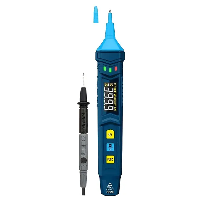 Pancontrol Spannungsprüfer - Messkategorie: CAT III 600 V - Blau-schwarzer digitaler Stift-Stromtester mit Display, Funktionstasten und separater Prüfspitze.