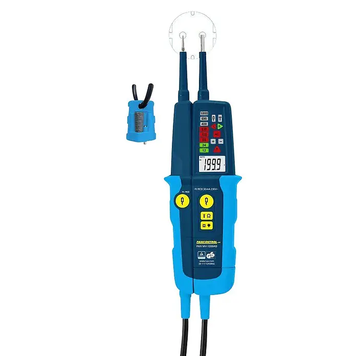 Pancontrol Spannungsprüfer Spannungs- & Durchgangsprüfer PAN MV-1000AD - 12 V - 690 V, Polanzahl: 1 Stk. - Blau-schwarzer digitaler Spannungsprüfer mit Prüfspitzen und angebrachtem Clip für elektrische Messungen.