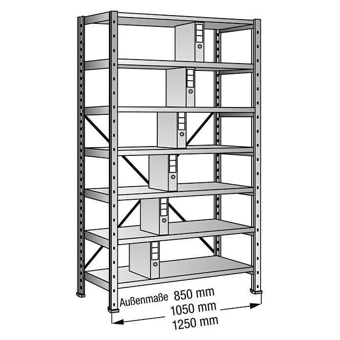 Scholz Aktenregal GrundelementLänge: 1.050 mm, Breite: 300 mm, Höhe: 2.280 mm, Traglast: 80 kg/Boden, Anzahl Böden: 7 Stk. Use Shot