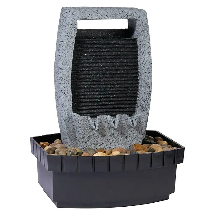 Dobar Gartenbrunnen - 20,5 x 16,5 x 28 cm, Kunststoff, Grau/Schwarz - Zimmerbrunnen mit grauer Steinstruktur und dunklen Kieselsteinen im Becken, ein dekoratives Element für entspannende Atmosphäre.