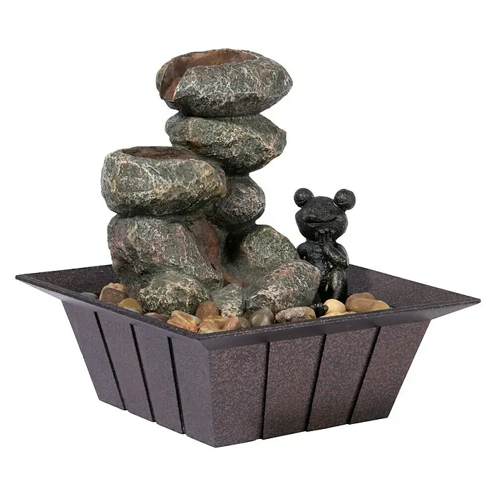 Dobar Gartenbrunnen - 20 x 20 x 21,5 cm, Kunststoff, Grau/Schwarz - Dekorative Zimmerbrunnen mit Froschfigur.
