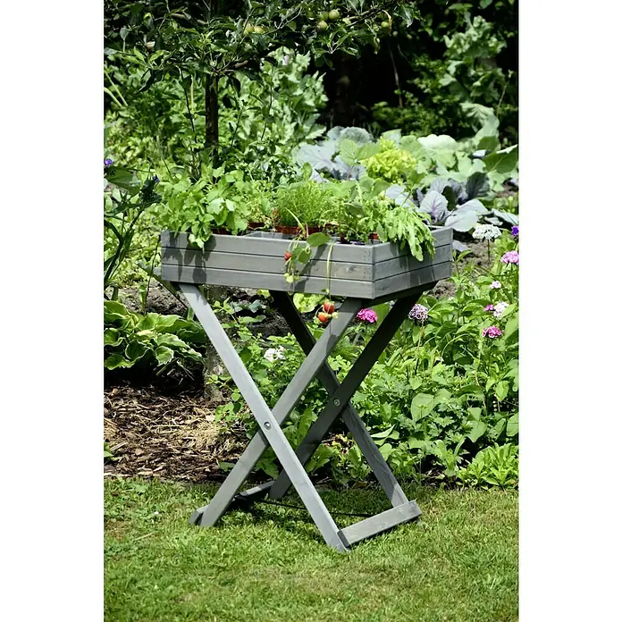 Dobar Kräuterhochbeet - L x B x H: 58 x 38 x 75 cm, Braun - Ein grauer Pflanztisch aus Holz mit Kräutern und Erdbeeren in einem Garten, der eine rustikale und natürliche Atmosphäre schafft.