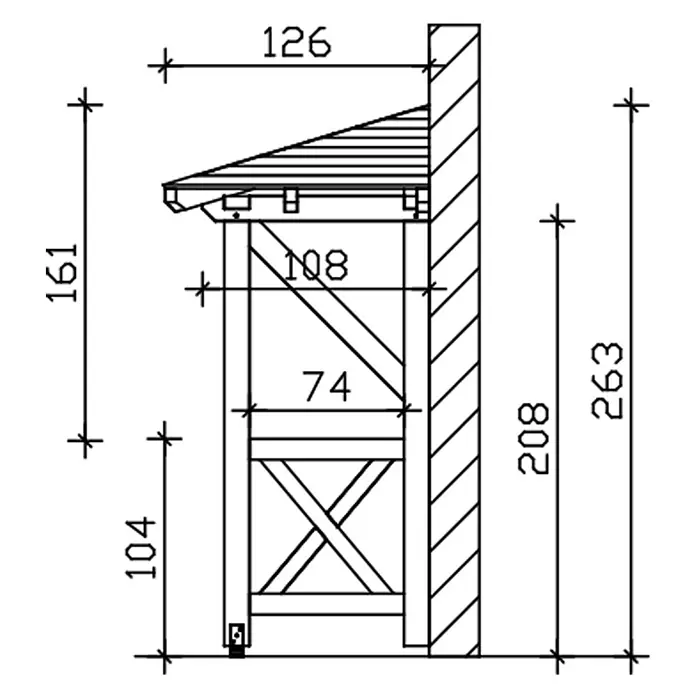 SKAN HOLZ Walmvordach Wismar 3 - 258 x 126 x 264 cm - Technische Zeichnung einer Holz-Anlehnkonstruktion mit schrägem Dach und Kreuzverstrebung für den Außenbereich, detaillierte Maße zeigend.