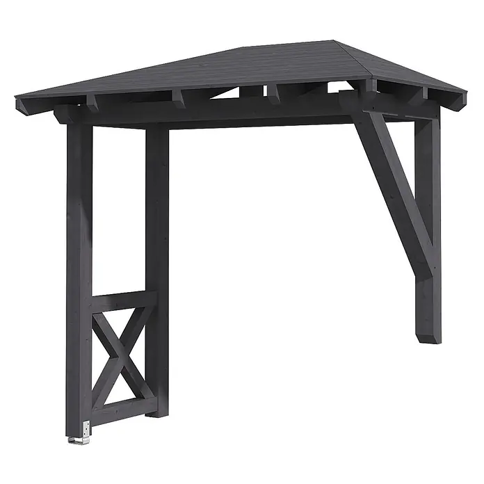 SKAN HOLZ Walmvordach Wismar 3 - 258 x 126 x 264 cm - Dunkelgraue Holzpergola mit Walmdach und X-förmigem Gitterdetail an einer Seite.