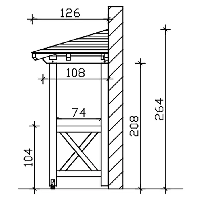 SKAN HOLZ Walmvordach Wesel 4 - 188 x 126 x 264 cm - Technische Seitenansicht eines wandmontierten Unterstands mit Schrägdach und detaillierten Maßen.