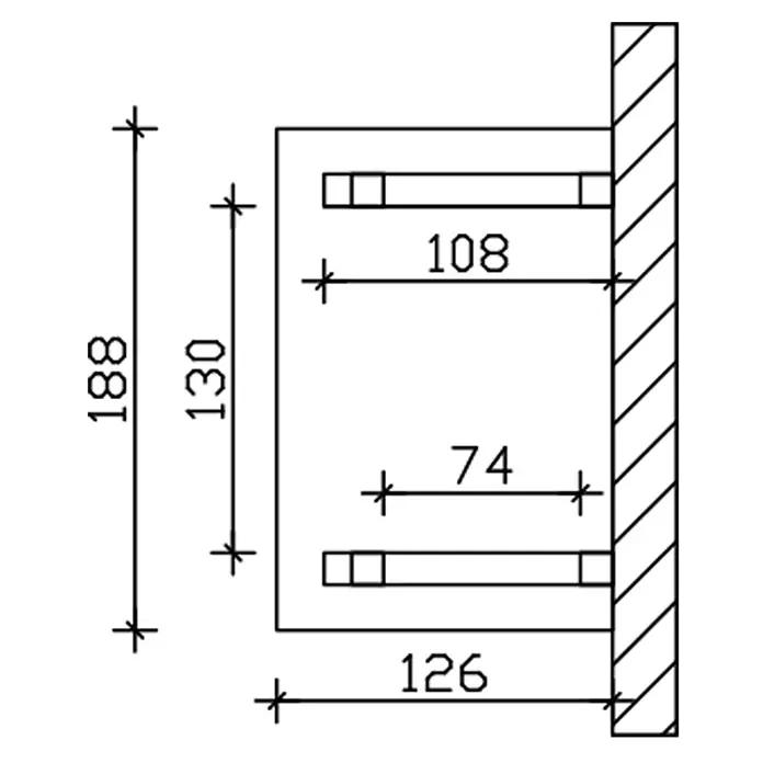 SKAN HOLZ Walmvordach Wesel 4 - 188 x 126 x 264 cm - Technische Zeichnung einer Wandhalterung mit zwei Regalstützen, zeigt Höhen-, Tiefen- und Bauteilabmessungen.