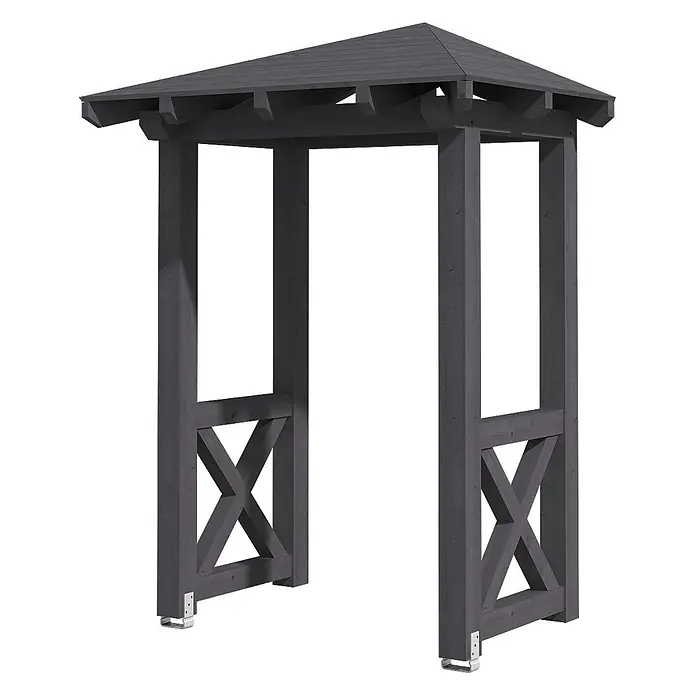 SKAN HOLZ Walmvordach Wesel 4 - 188 x 126 x 264 cm - Dunkelgraue Holzpergola mit spitzem Dach und dekorativen X-förmigen Seitenwänden auf Metallfüßen.