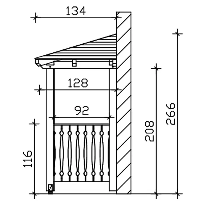SKAN HOLZ Walmvordach Wismar 6 - 351 x 134 x 266 cm - Technische Zeichnung einer wandmontierten dekorativen Überdachung mit Balustergeländer und Maßen.