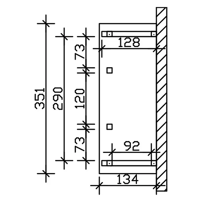 SKAN HOLZ Walmvordach Wismar 6 - 351 x 134 x 266 cm - Technische Zeichnung einer rechteckigen Wandbefestigung mit Innenstützen und Maßen.