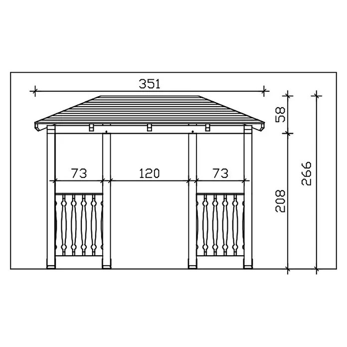SKAN HOLZ Walmvordach Wismar 6 - 351 x 134 x 266 cm - Technische Zeichnung mit Maßen eines Pavillons oder einer Gartenlaube.