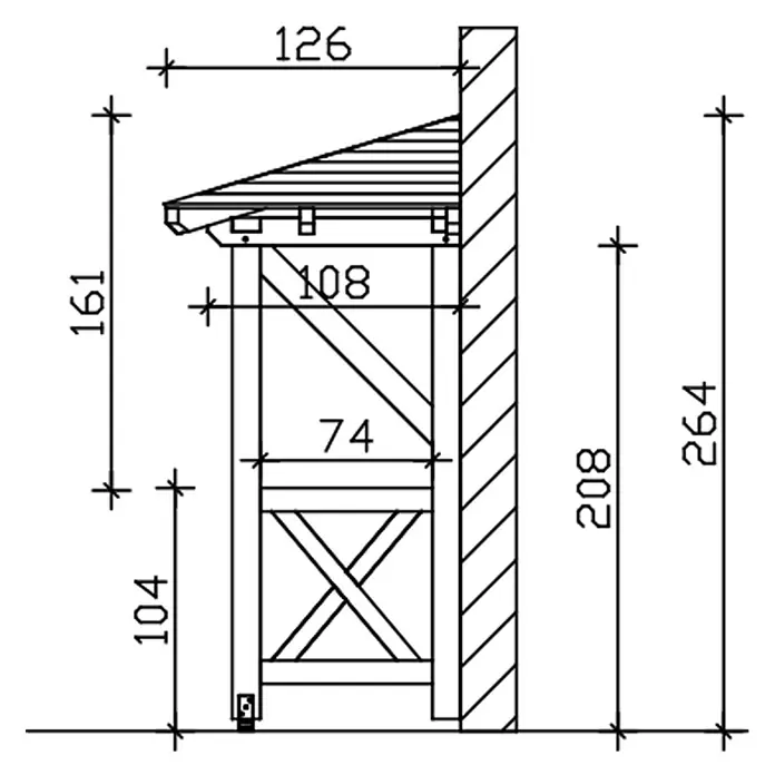 SKAN HOLZ Walmvordach Wesel 3 - 188 x 126 x 264 cm - Technische Seitenansicht einer hölzernen Anlehnkonstruktion mit Pultdach und Maßen.