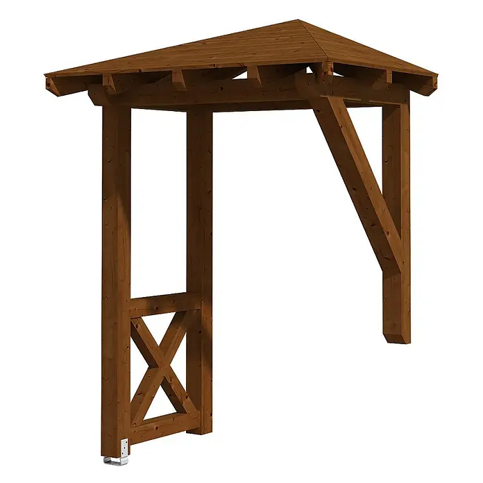 SKAN HOLZ Walmvordach Wesel 3 - 188 x 126 x 264 cm - Brauner Holzgartenbogen mit spitzem Dach und dekorativem X-Panel auf einer Seite.