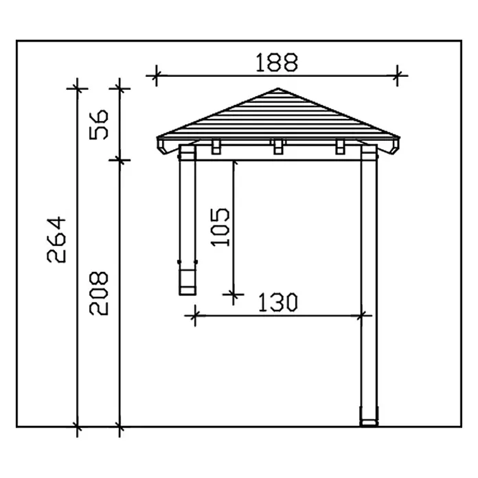 SKAN HOLZ Walmvordach Wesel 3 - 188 x 126 x 264 cm - Technische Zeichnung einer Outdoor-Unterstandskonstruktion, mit Maßen für Gesamthöhe, Dachbereich und Basisbreite.