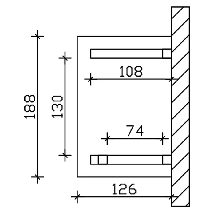 SKAN HOLZ Walmvordach Wesel 3 - 188 x 126 x 264 cm - Technische Zeichnung einer Wandhalterung mit zwei horizontalen Schlitzen, mit Maßen wie 188mm Höhe und 126mm Tiefe.