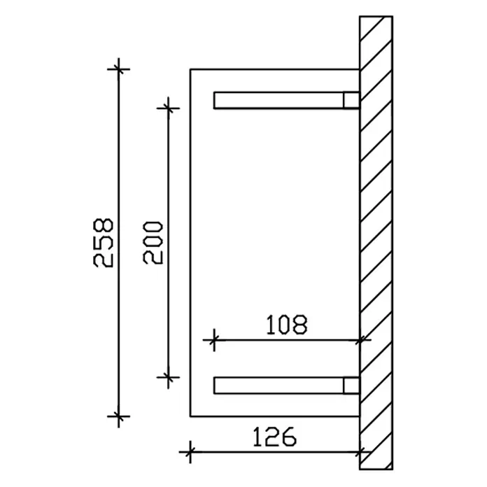 SKAN HOLZ Walmvordach Wismar 1 - 258 x 126 x 161 cm - Technische Zeichnung einer Wandhalterung mit Maßen: Höhe 258mm, Hauptkörperhöhe 200mm, Gesamttiefe 126mm, Armtiefe 108mm.