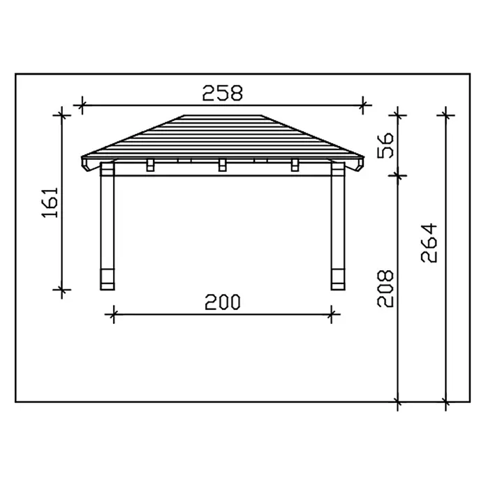 SKAN HOLZ Walmvordach Wismar 1 - 258 x 126 x 161 cm - Technische Zeichnung einer Pavillonstruktur mit Spitzdach, Maße: Gesamtbreite 258, Pfostenbreite 200, Gesamthöhe 264.