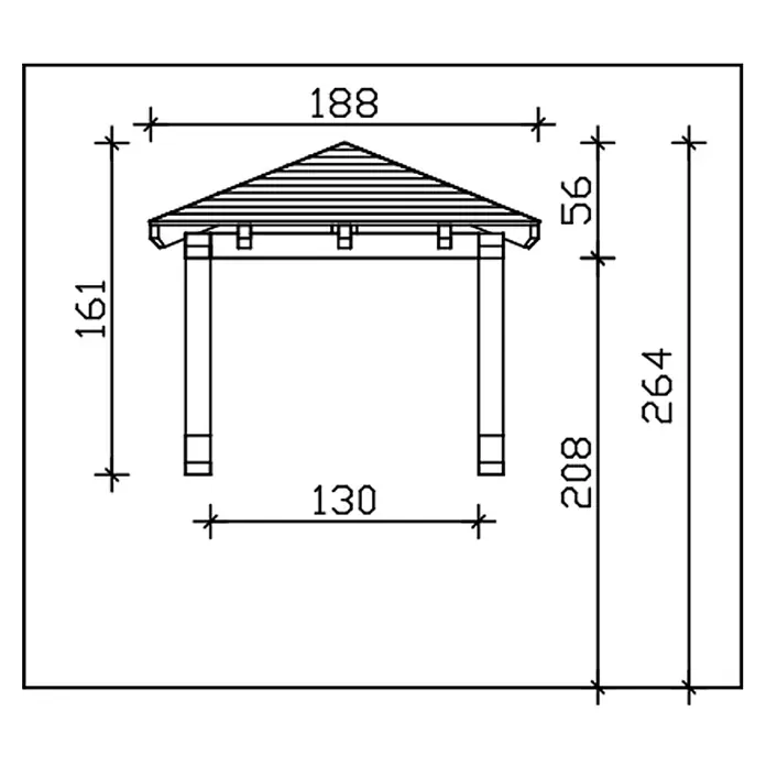 SKAN HOLZ Walmvordach Wesel 1 - 188 x 126 x 161 cm - Technische Zeichnung eines Pavillons mit Walmdach und Pfosten, inklusive Bemaßungen.