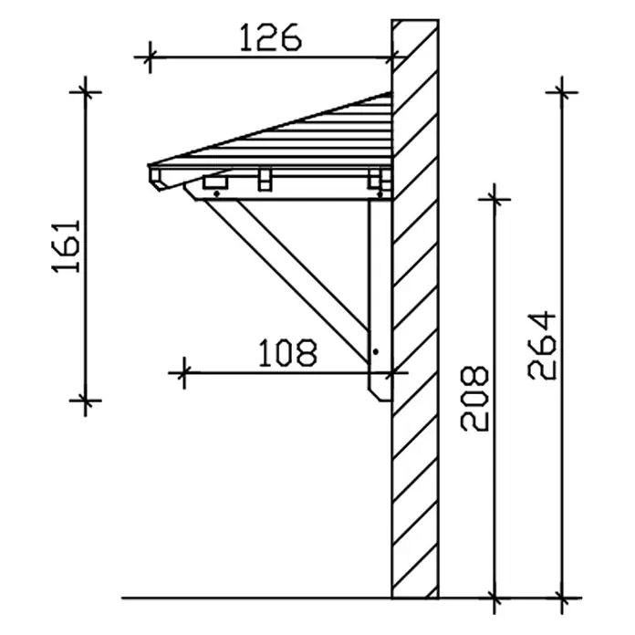 SKAN HOLZ Walmvordach Wesel 1 - 188 x 126 x 161 cm - Technische Zeichnung eines wandmontierten Holz-Vordachs oder Regalträgers mit diagonaler Strebe und Bemaßung.