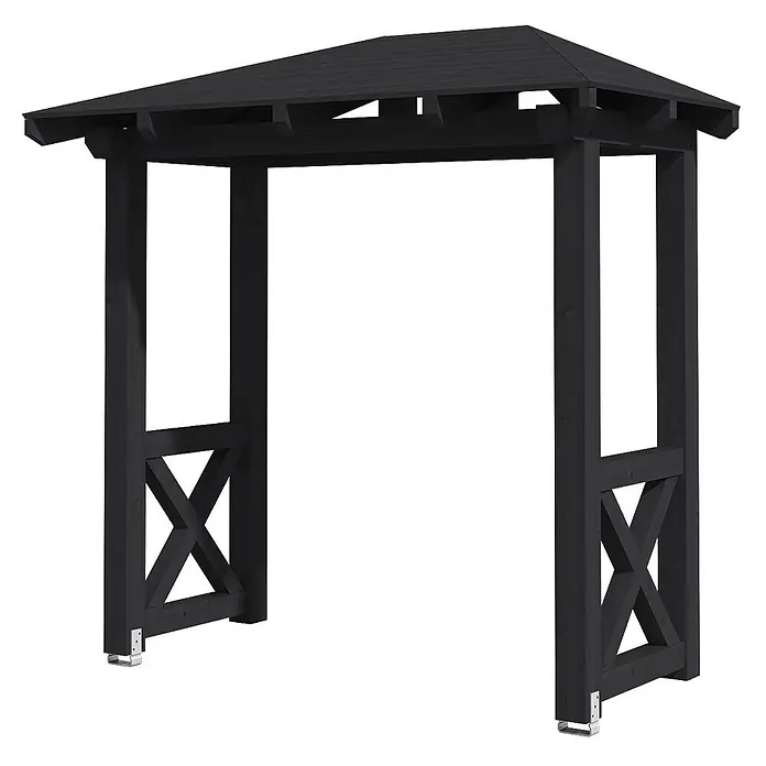 SKAN HOLZ Walmvordach Wismar 4 - 258 x 126 x 264 cm - Schwarzer Holzbogen mit Walmdach, X-förmigen Seitendetails und Metallfüßen.