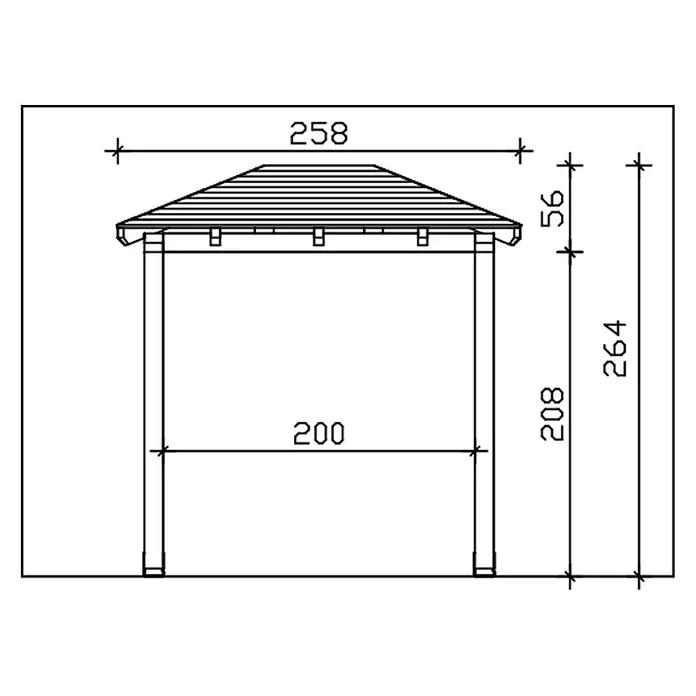 SKAN HOLZ Walmvordach Wismar 4 - 258 x 126 x 264 cm - Bemaßte Zeichnung einer Pavillonstruktur mit Spitzdach. Gesamthöhe 264cm, Breite 258cm.