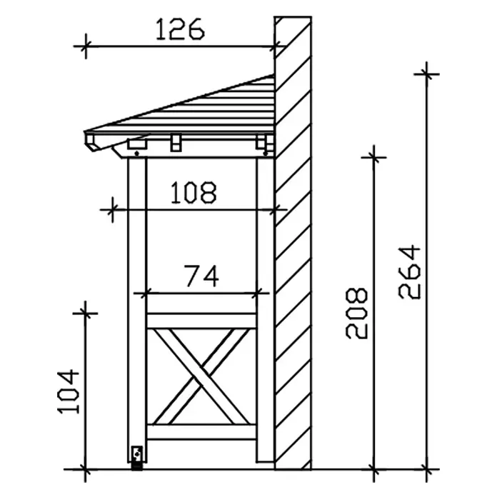 SKAN HOLZ Walmvordach Wismar 4 - 258 x 126 x 264 cm - Seitenansicht einer technischen Zeichnung eines hölzernen Außenbaus mit Maßen, inklusive schrägem Dach und kreuzverstärktem Unterteil.