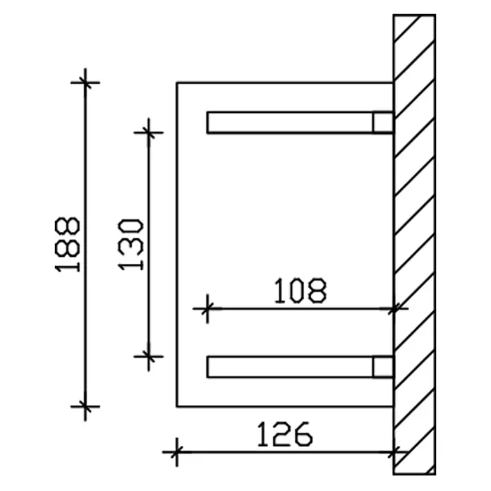 SKAN HOLZ Walmvordach Wesel 2 - 188 x 126 x 249 cm - Technische Zeichnung einer rechteckigen Halterung mit zwei Stiften, die in eine Wand ragen, inkl. Maße.