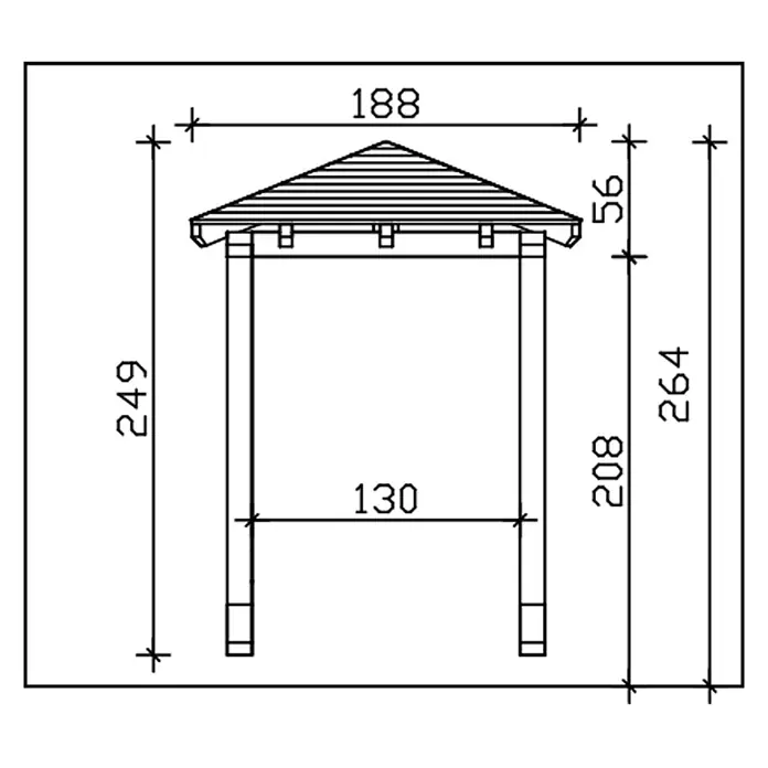 SKAN HOLZ Walmvordach Wesel 2 - 188 x 126 x 249 cm - Technische Zeichnung eines Gartenpavillons oder einer Pergola, Vorderansicht mit Maßen.
