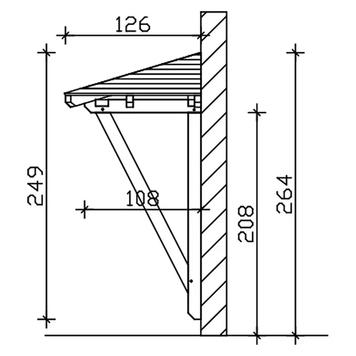 SKAN HOLZ Walmvordach Wesel 2 - 188 x 126 x 249 cm - Technische Zeichnung eines wandmontierten Regalträgers mit Diagonalstütze.