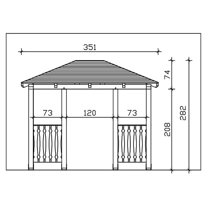 SKAN HOLZ Walmvordach Wismar 8 - 351 x 187 x 282 cm - Technischer Bauplan eines Holzpavillons, der Maße, Satteldach und dekorative Balustraden zeigt.