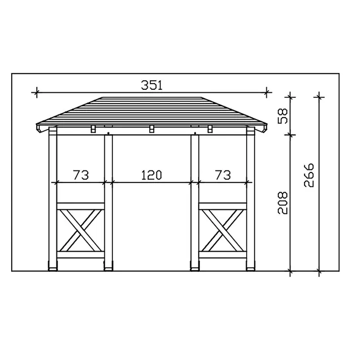SKAN HOLZ Walmvordach Wismar 5 - 351 x 134 x 266 cm - Technische Zeichnung eines Pavillons oder einer Pergola mit Dach und Maßen.