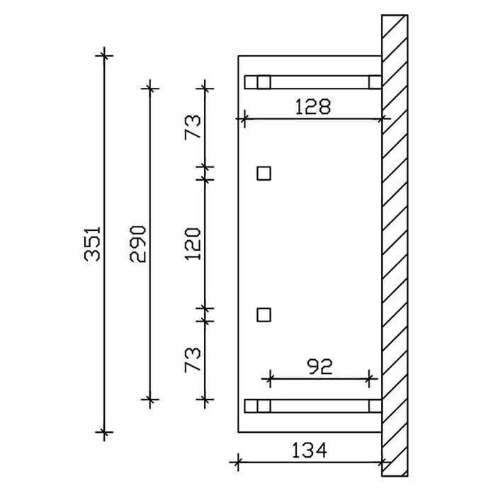 SKAN HOLZ Walmvordach Wismar 5 - 351 x 134 x 266 cm - Technischer Zeichnung einer Wandhalterung mit Regalen, die verschiedene Abmessungen und Befestigungspunkte zeigt.