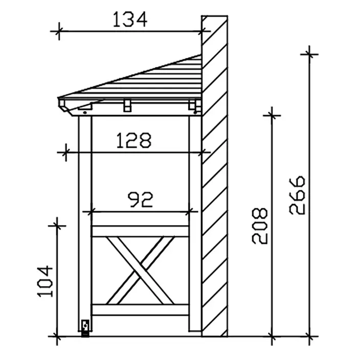SKAN HOLZ Walmvordach Wismar 5 - 351 x 134 x 266 cm - Technische Zeichnung eines Holz-Anlehnschutzdachs mit Maßen.