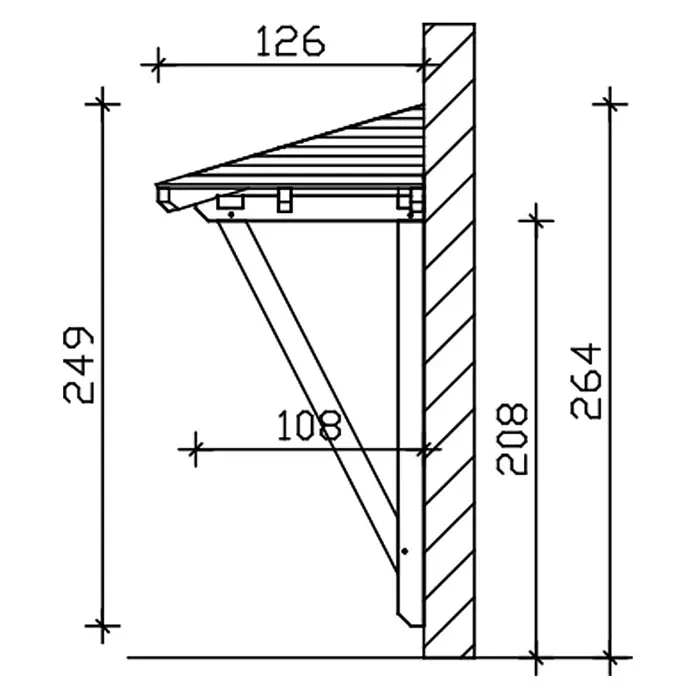 SKAN HOLZ Walmvordach Wismar 2 - 258 x 126 x 249 cm - Technische Zeichnung einer wandmontierten Holzkonsole mit schrägem Lamellendach und diagonalem Stützstreben.