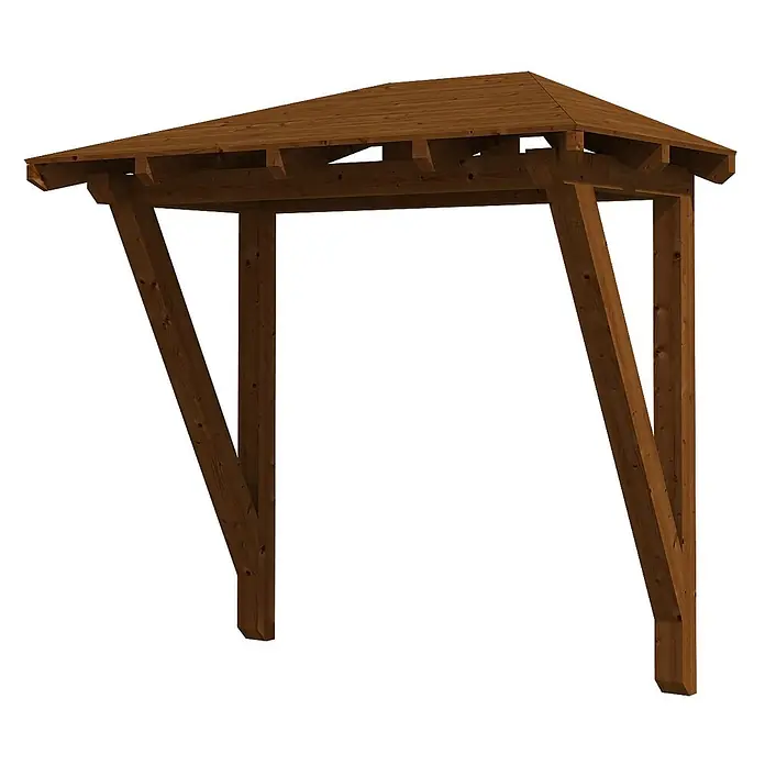 SKAN HOLZ Walmvordach Wismar 2 - 258 x 126 x 249 cm - Braune Holzpergola mit Lamellendach und schrägen Stützbalken.
