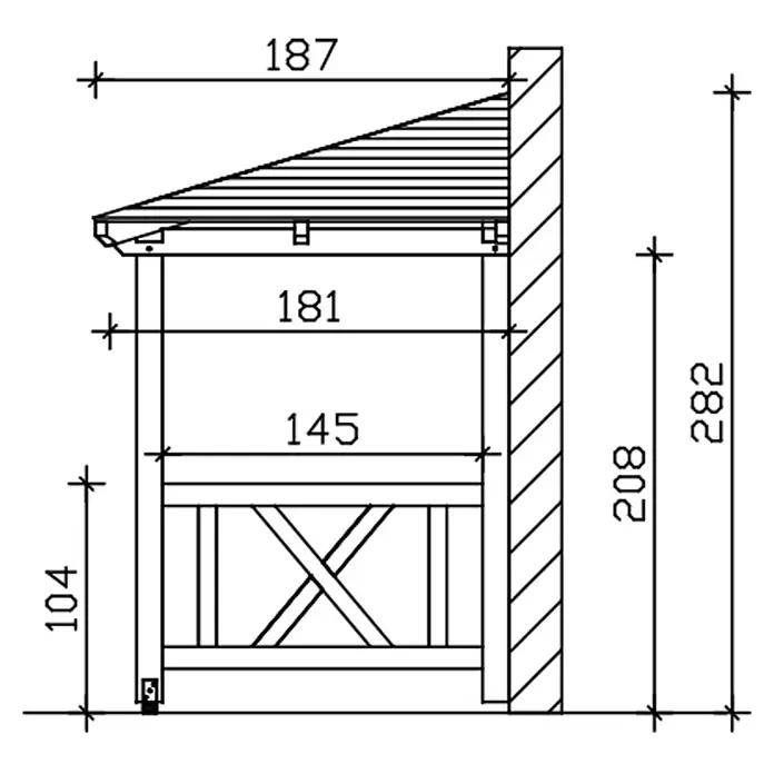 SKAN HOLZ Walmvordach Wismar 7 - 351 x 187 x 282 cm - Technische Zeichnung eines hölzernen Anlehnunterstands mit schrägem Dach, offener Front und diagonalen Streben zur Wandmontage.