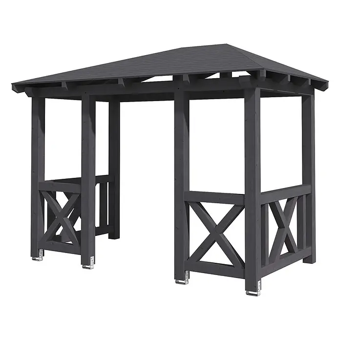 SKAN HOLZ Walmvordach Wismar 7 - 351 x 187 x 282 cm - Dunkelgrauer Holzpavillon mit Satteldach und kreuzförmigen unteren Paneelen für den Außenbereich.