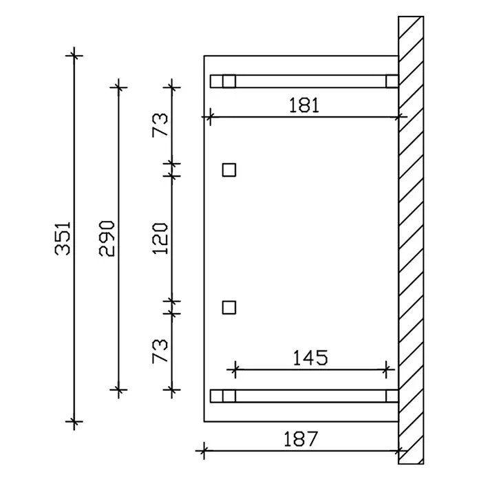 SKAN HOLZ Walmvordach Wismar 7 - 351 x 187 x 282 cm - Technische Zeichnung einer Wandbefestigungseinheit mit Abmessungen von Rahmen und Innenteilen.