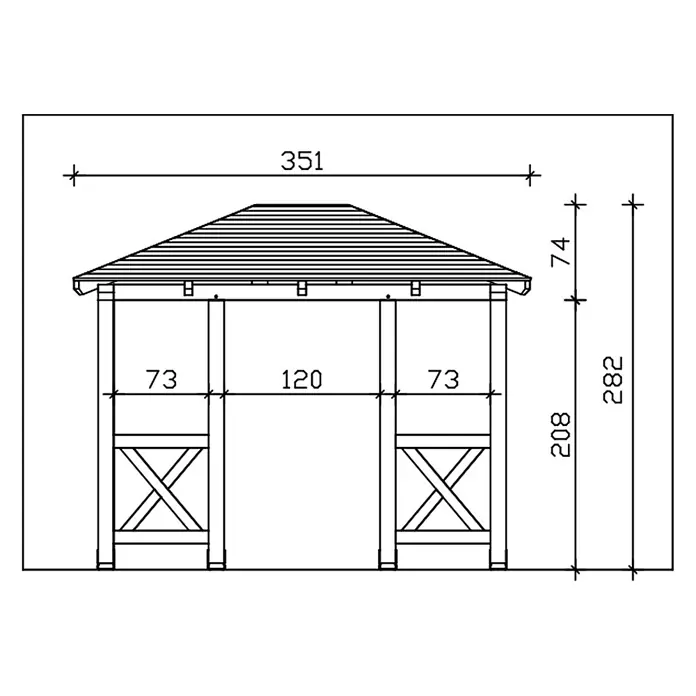 SKAN HOLZ Walmvordach Wismar 7 - 351 x 187 x 282 cm - Technische Zeichnung eines Gartenpavillons mit Spitzdach und offenen Seiten, Maße und dekorativem Kreuzgeflecht.