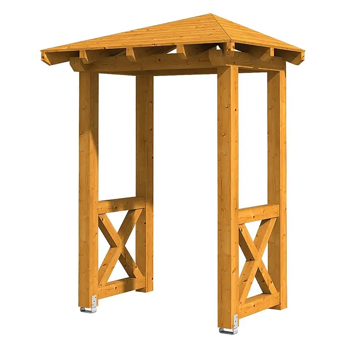 SKAN HOLZ Walmvordach Wesel 4 - 188 x 126 x 264 cm - Hellbrauner Holz-Gartenbogen mit Zeltdach und dekorativen Querstreben an der Basis, auf Metallankern stehend.