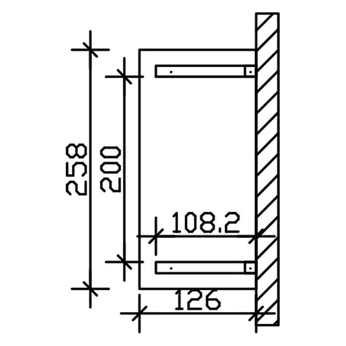 SKAN HOLZ Walmvordach Wismar 2 - 258 x 126 x 249 cm - Technische Seitenansicht einer Wandbefestigung, bemaßt für Höhe (258), Tiefe (126) und Innenabstand (108.2).