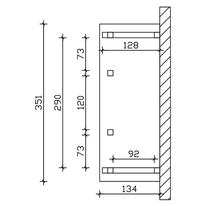 SKAN HOLZ Walmvordach Wismar 6 - 351 x 134 x 266 cm - Technische Zeichnung einer wandmontierten Regalhalterung mit Maßen, die zwei Stützschienen und innere Aussparungen zeigt.