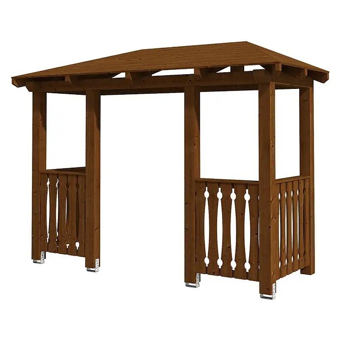 SKAN HOLZ Walmvordach Wismar 6 - 351 x 134 x 266 cm - Dunkelbrauner Holzbogen mit Satteldach und dekorativen Balustraden, auf Metallfüßen.