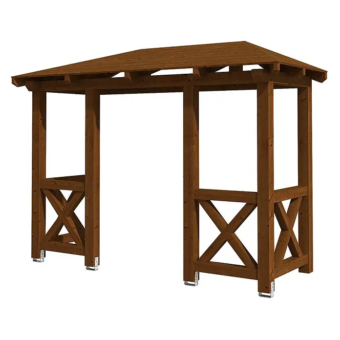 SKAN HOLZ Walmvordach Wismar 5 - 351 x 134 x 266 cm - Brauner Gartenpavillon aus Holz mit Satteldach und dekorativen X-Streben an den Seiten, ausgestattet mit Metallfüßen.
