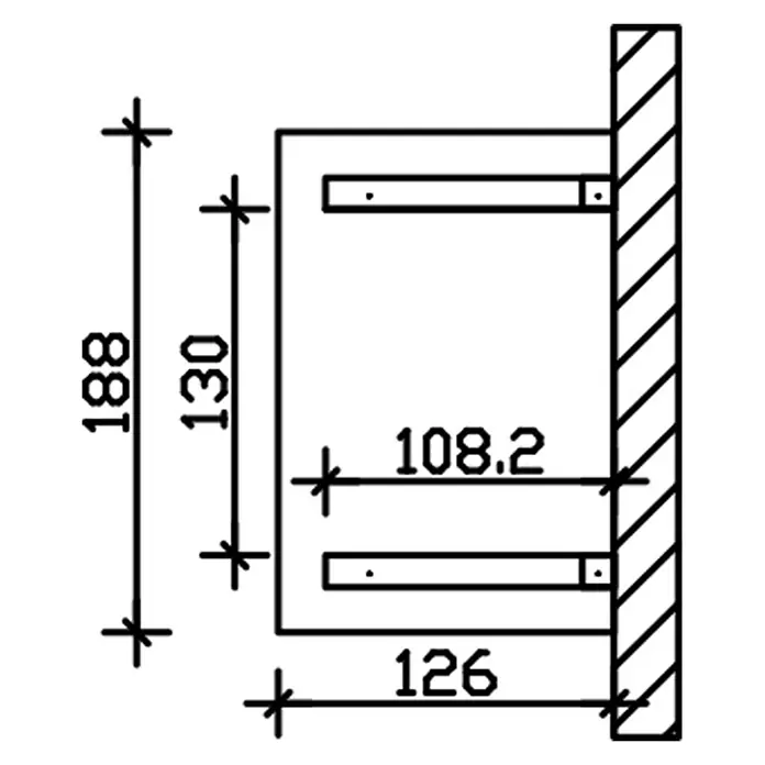 SKAN HOLZ Walmvordach Wesel 2 - 188 x 126 x 249 cm - Technische Zeichnung einer wandmontierten Halterung mit zwei horizontalen Schlitzen und Bemaßungen.