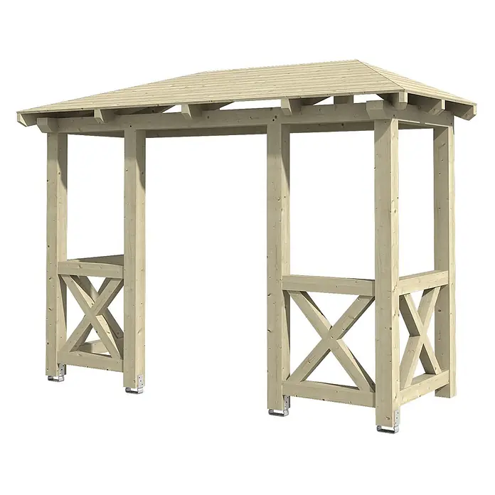 SKAN HOLZ Walmvordach Wismar 5 - 351 x 134 x 266 cm - Holzpavillon aus hellem Naturholz mit spitzem Dach und dekorativen Kreuzstreben an den Seiten, mit Metallpfostenankern.