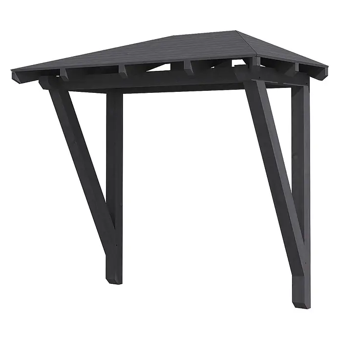 SKAN HOLZ Walmvordach Wismar 2 - 258 x 126 x 249 cm - Dunkelgraue Holz-Pergola mit schrägem Dach und Stützbalken.