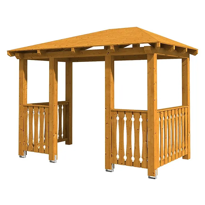 SKAN HOLZ Walmvordach Wismar 8 - 351 x 187 x 282 cm - Holzpavillon mit spitzem Dach und dekorativen Lattenzäunen, in hellbrauner Ausführung.
