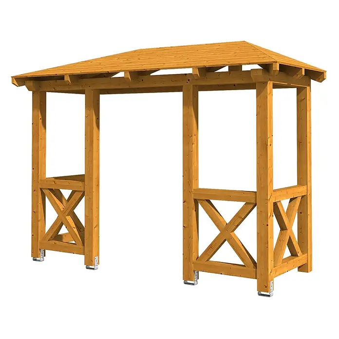 SKAN HOLZ Walmvordach Wismar 5 - 351 x 134 x 266 cm - Pergola aus Naturholz mit Walmdach und Seitenwänden mit Kreuzverstrebungen.