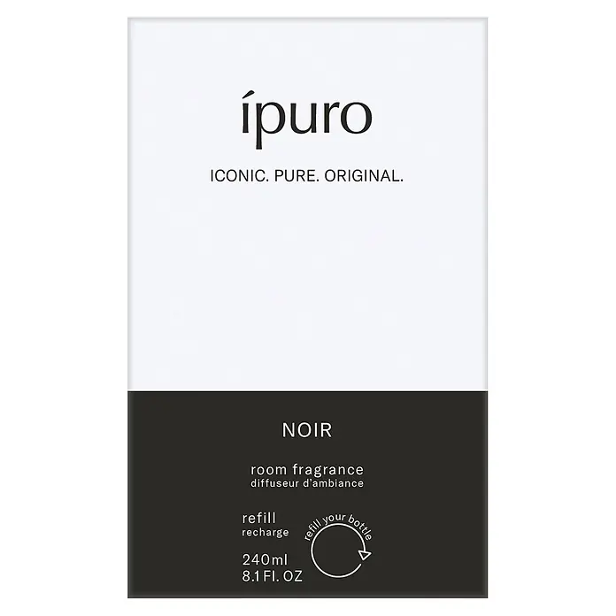 Ipuro Classic Raumduft Refill - Noir, 240 ml - ípuro NOIR Raumduft Nachfüllpack-Etikett in Weiß-Schwarz, mit Marke, Duftname und 240ml Volumen.