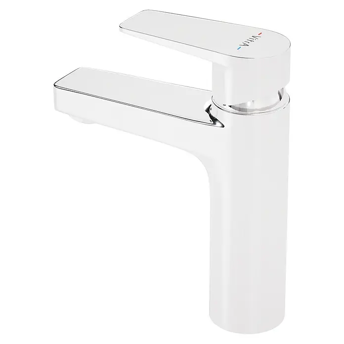 VitrA Flow Square Waschtischarmatur - Chrom, Glänzend, Höhe: 17,6 cm, Ohne Zugstange - Moderner Einhebelmischer aus Chrom mit roten und blauen Temperaturindikatoren und VITRA-Branding.